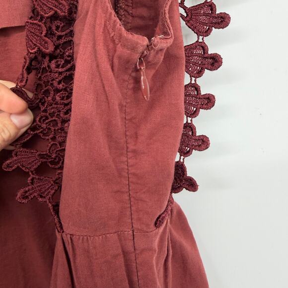 Odille Top Women’s 4 Brown Linen Crochet Lace Pleats Feminine Romantic Bohemian - Picture 9 of 9